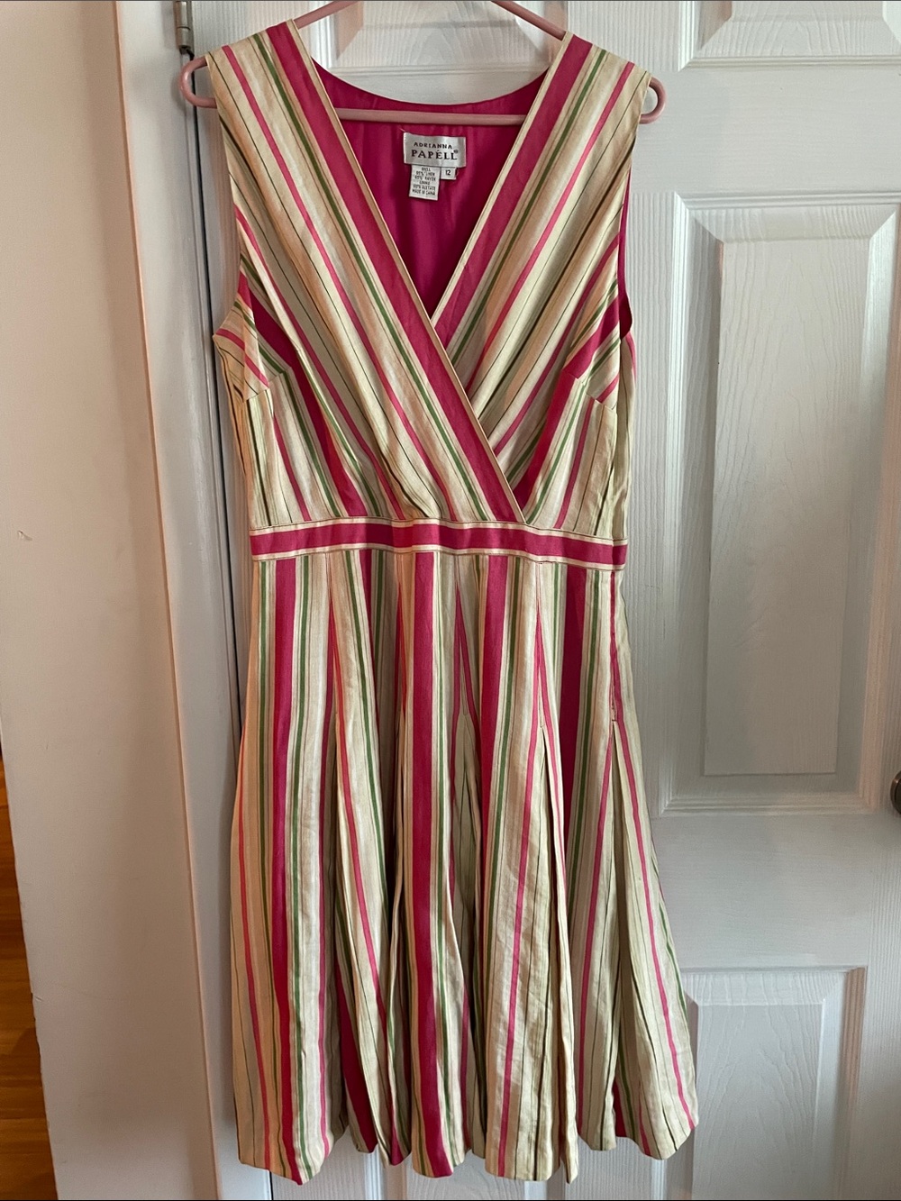 Adrianna Papell Pink, Cream & Green Striped Sleeveless Midi Dress